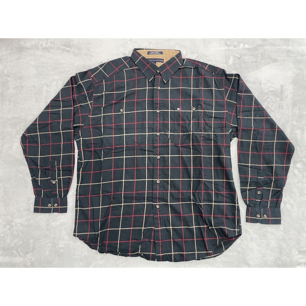 Tommy Hilfiger Plaid Button Down Shirt Men L Navy Red Tan Cotton Casual